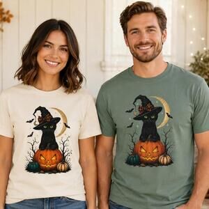 Halloween T-Shirt Black Cat With Witch Hat, Pumpkin Shirt, Retro Witchy